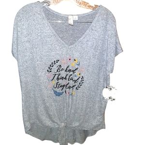 Misia Women Grey Be Kind, Think Kind, Stay Kind Floral Tie Front High Low Shirt